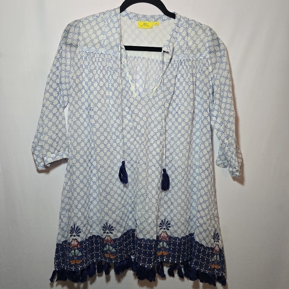 Roberta Roller Rabbit 100% Cotton Blue White Printed Tunic Fringe Tassels sz XXS